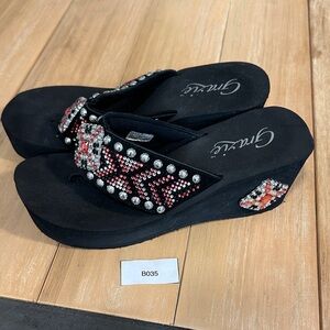 Grazie Rhinestone Wedge Sandals 9 Y2K Bling Flip Flops Platform Slides Wedge